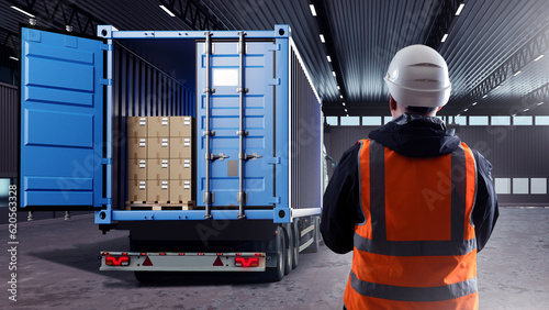 Truck with container. Man l...