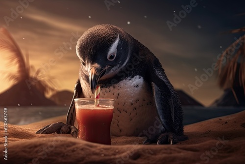 Chilling small pinguin drinking at beach bar cold drink in hot summer. Generative Ai.