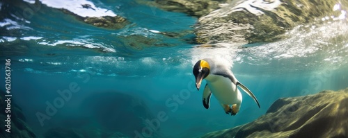 Penguin in clear frozen water under ice of glacier, under water view, panarama. Generative Ai.