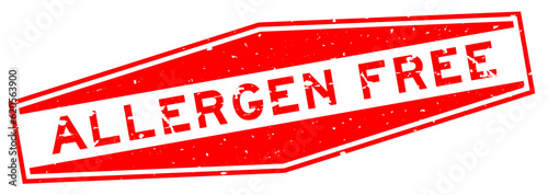 Grunge red allergen free word hexagon rubber seal stamp on white background