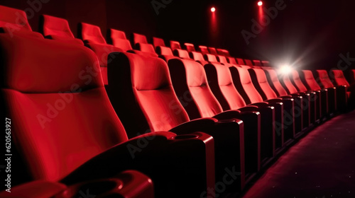 red seats, closeup of row of chairs in a movie theater, white lens flare cinema overhead projector, AI