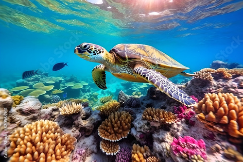 Underwater wildlife panorama Coral reef with wild sea turtles and fish, tropical ocean underwater life. Sea Turtle swimming along tropical coral reef,