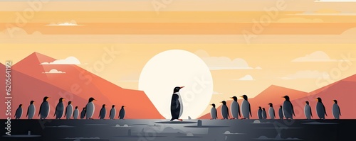  Standing out of the crowd, penguings on galcier, panorama. Generative Ai. photo