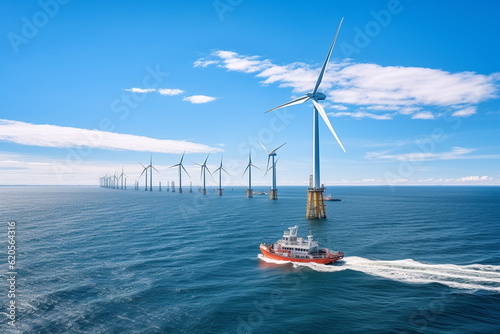 Off shore wind energy power plant grid with vessel for servicing or observation, AI generated image
