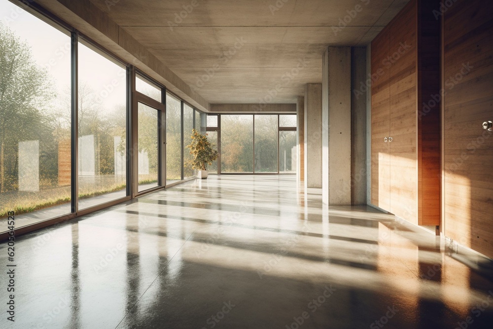 Empty, modern hall with nature view and sunlight, overlooking living room. Concrete floors, plank ceilings, white walls for copy space. Generative AI