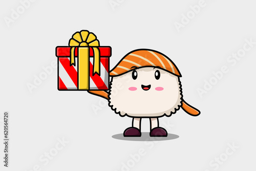 Cute cartoon Sushi character holding gift box in vector icon illustration