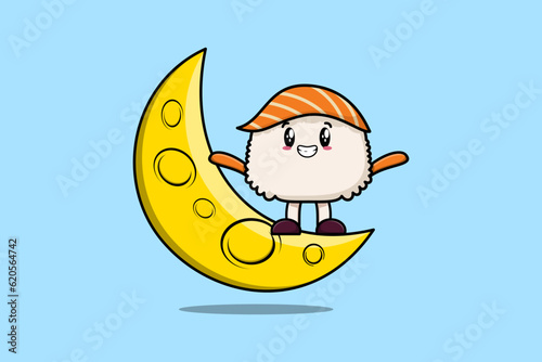 Cute cartoon Sushi character standing on the crescent moon in 3d modern design illustration