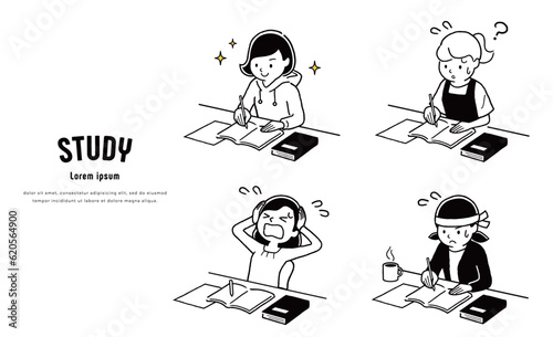 ベクターイラスト素材：勉強する10代、女子、学生、セット
