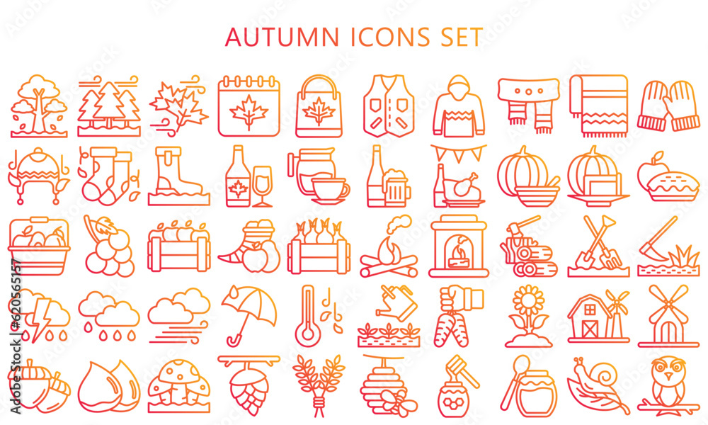autumn gradient outline icons pack. contain acorns, pumpkins, apples, cornucopias, tea, sweaters, bonfires, umbrella and more. use for modern concept, UI or UX kit, web and app. vector EPS 10. 
