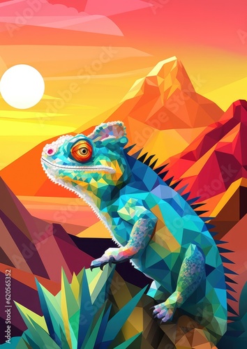 Chameleon changing colors at the top of mountains, sunset light, pastel colors. Generative Ai. © annamaria