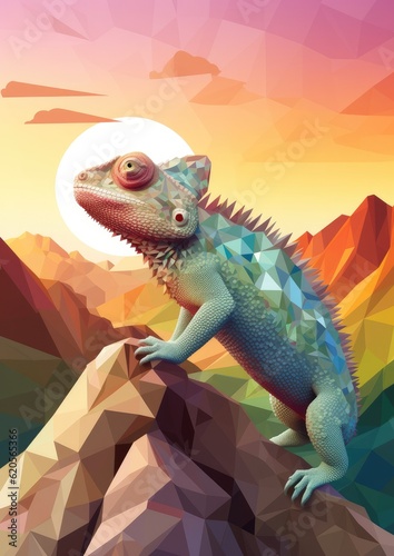 Chameleon changing colors at the top of mountains  sunset light  pastel colors. Generative Ai.