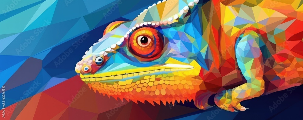 Chameleon shaped skin with rainbow colors, close up, panorama. Generative Ai. Chameleon shaped skin with rainbow colors, close up, panorama. Generative Ai.