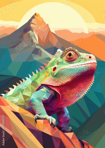 Chameleon changing colors at the top of mountains, sunset light, pastel colors. Generative Ai. © annamaria