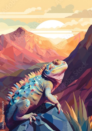 Chameleon changing colors at the top of mountains, sunset light, pastel colors. Generative Ai. © annamaria
