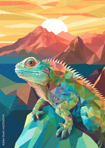Chameleon changing colors at the top of mountains, sunset light, pastel colors. Generative Ai. © annamaria