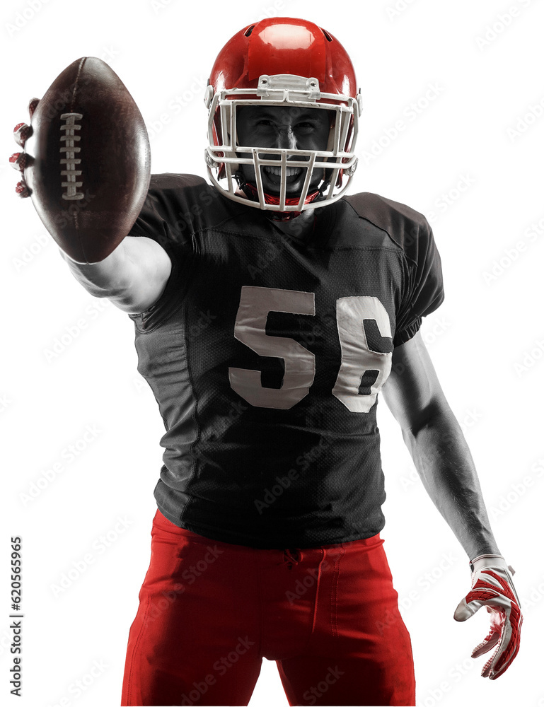 Young man, professional american football player standing with ball isolated on transparent background. Motivation to win. Concept of professional sport, competition, hobby, action, concentration