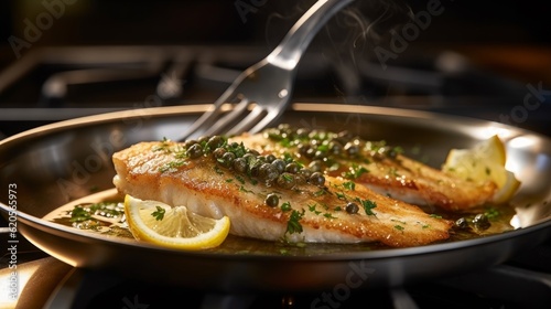 Photographie Sole Meunière being prepared in a frying pan with butter, capers, and lemon