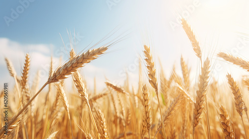 Gold ears of wheat  soft focus on field. Agricultural scene background at beautiful sunset. Ripe wheat field nature scenery in summer field. Cereal farming. Generative AI