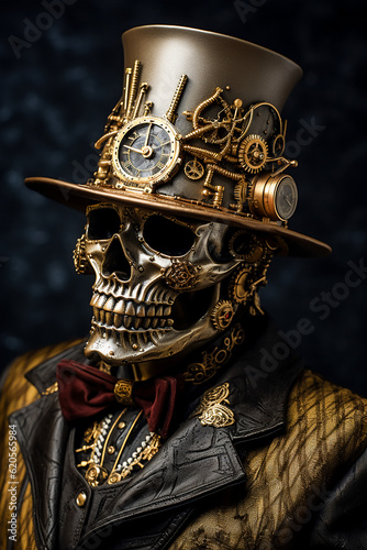 Steampunk Skeletons. Generative AI. A digital rendering of a skeleton in steampunk clothes and gadgets. 