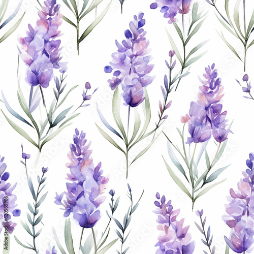 Watercolor seamless pattern with lavender branches. Print for decor and textile design. Generative AI.