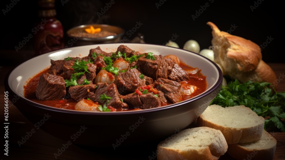 Traditional food photography - Bowl of beef goulash, on dark table (Generative Ai)