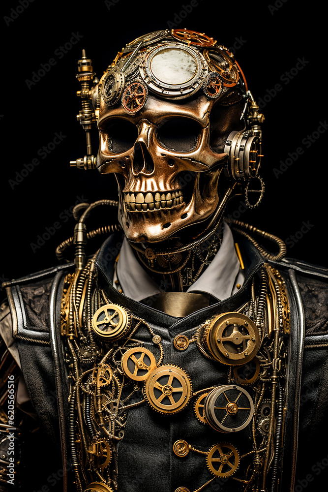 Fototapeta premium Steampunk Skeletons. Generative AI. A digital rendering of a skeleton in steampunk clothes and gadgets.