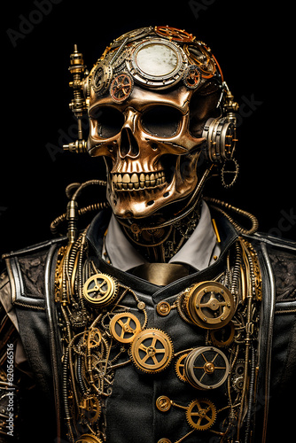 Steampunk Skeletons. Generative AI. A digital rendering of a skeleton in steampunk clothes and gadgets.