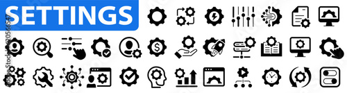 Settings icon set. Settings, configuration, preferences, adjustments, operation, options, download, update, gears and more. Vector illustration