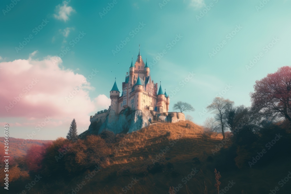 Landscape with castle on mountain, created using generative ai technology