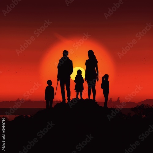 Silhouette of couple with three children at sunset, created using generative ai technology