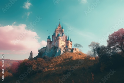 Landscape with castle on mountain, created using generative ai technology