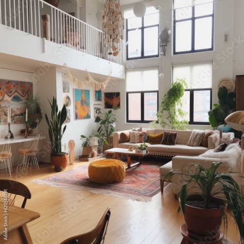 General view of modern loft apartment with large windows, created using generative ai technology