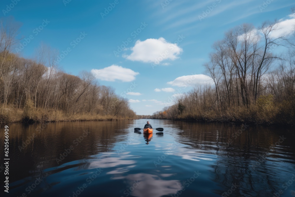 Rear view of man in kayak on calm lake with clear blue sky, created using generative ai technology Rear view of man in kayak on calm lake with clear blue sky, created using generative ai technology