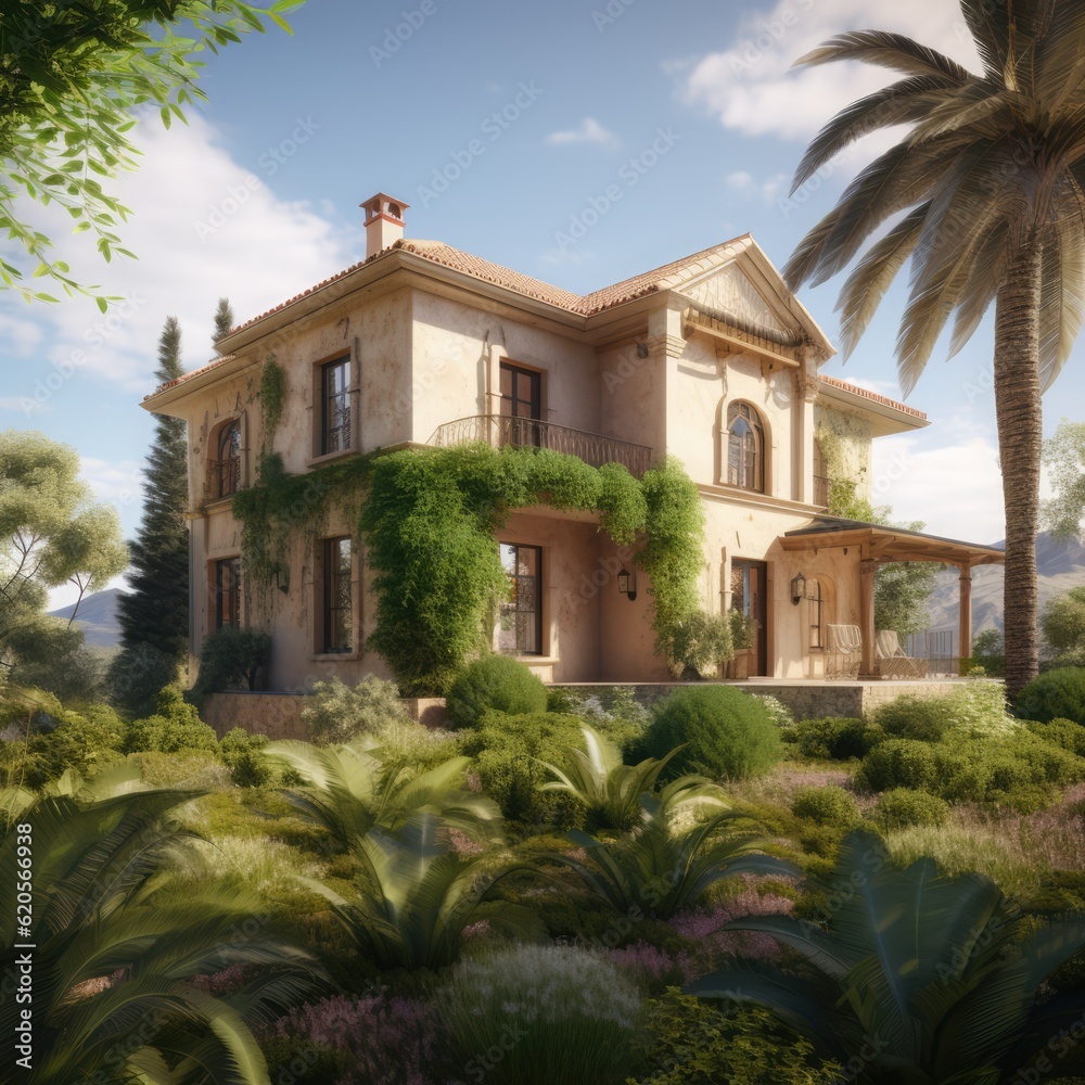 Villa in tropical garden on sunny day, created using generative ai technology