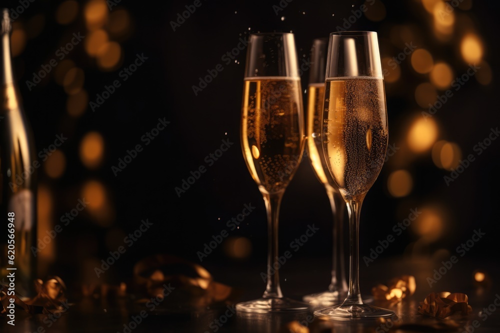Close up of three glasses of champagne on dark background, created using generative ai technology Close up of three glasses of champagne on dark background, created using generative ai technology