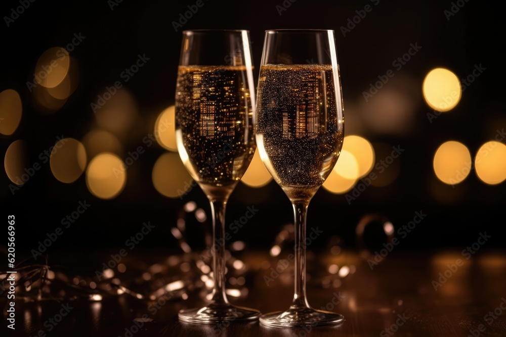 Two glasses of champagne with lights in background, created using generative ai technology