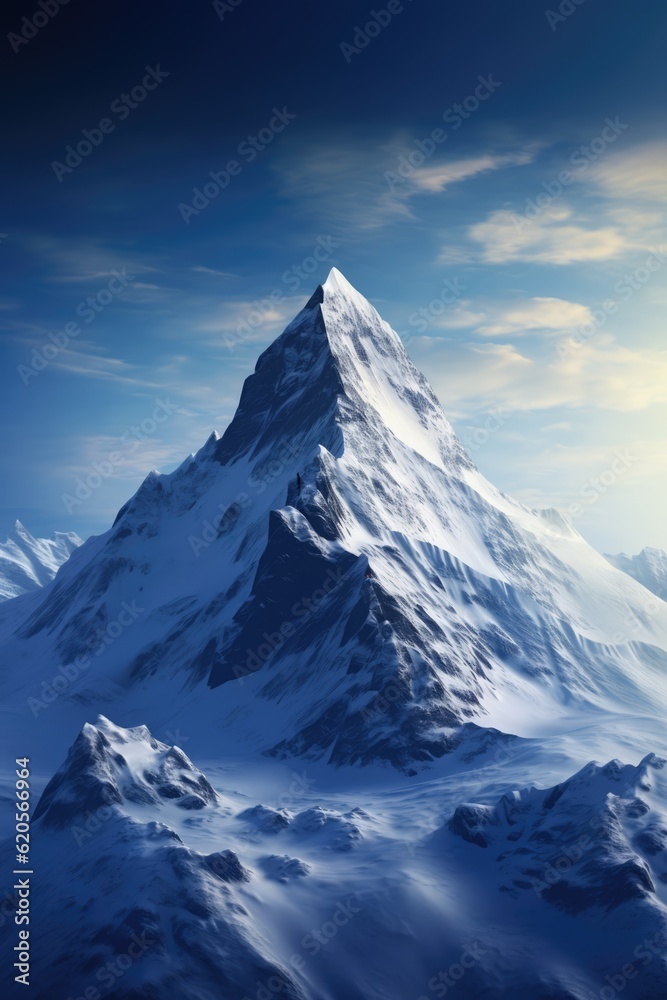 General view of snowy mountain peak and clouds, created using generative ai technology