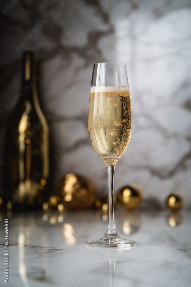 Close up of glass of champagne on grey background, created using generative ai technology