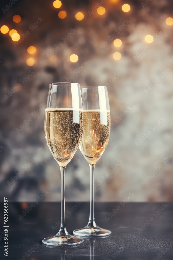 Two glasses of champagne with lights in background, created using generative ai technology Two glasses of champagne with lights in background, created using generative ai technology