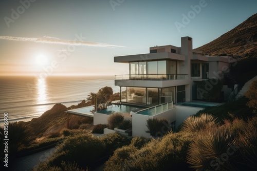Modern villa with pool by seaside at sunset, created using generative ai technology