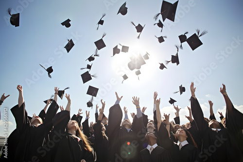 Students throwing graduation hats in the air celebrating. education concept with students celebrate success with hats and certificates