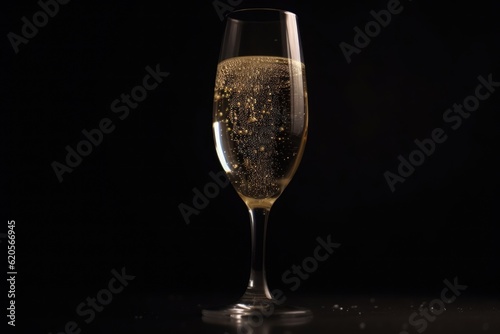 Close up of glass of champagne on black background, created using generative ai technology