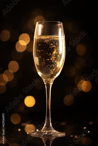Close up of glass of champagne on dark background, created using generative ai technology