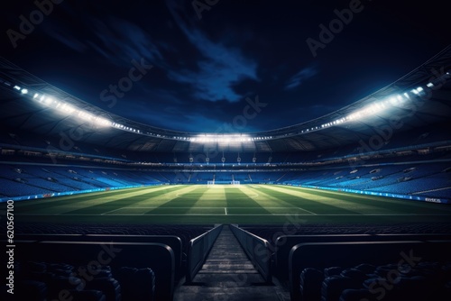 Lit empty football stadium at night, created using generative ai technology