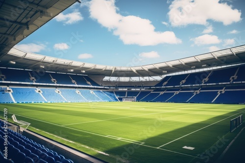 Empty football stadium on sunny day  created using generative ai technology