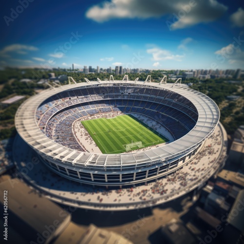 Aerial view of empty football stadium on sunny day, created using generative ai technology