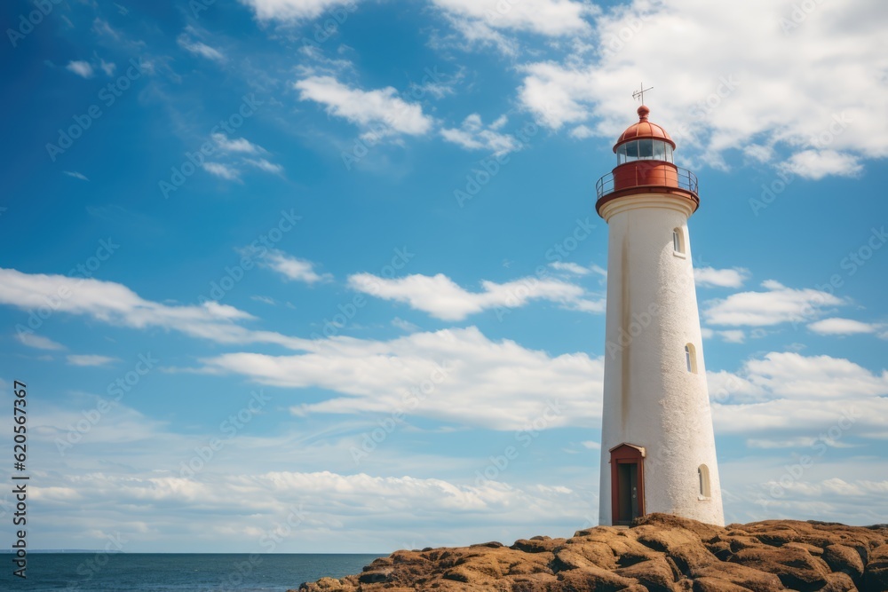 Fototapeta premium Lighthouse on rock and calm seas, created using generative ai technology