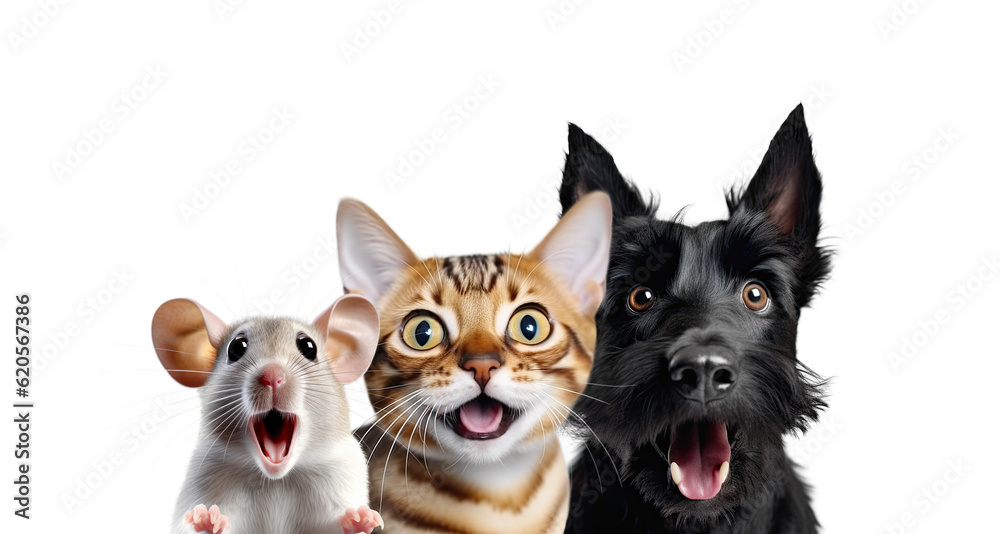 Portrait of Three Surprised Animals (dog, cat and mouse). Isolated on White and PNG Transparent Background.