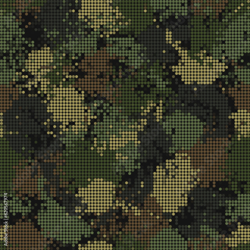 Seamless khaki camouflage pattern with paint splatter, stains, blots, smudge of paint. PIXEL effect with circles. Good for apparel, fabric, textile, surface design.
