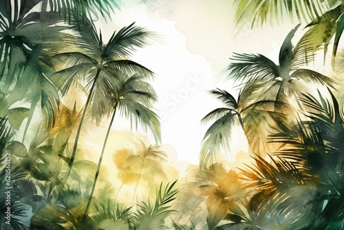 Tropical watercolor print with palm trees  sun  and jungle elements on a white background. Generative AI